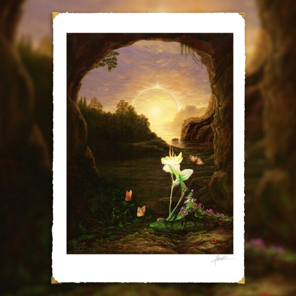 Limited Edition Fine Art Print_Title: Sunset with XGe_Andrea du Plessis_contemporary surrealism_landscape_flower_sunset